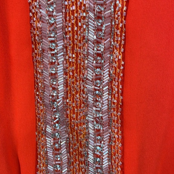 Belle Badgley Mischka Beaded V Neck Boho Chiffon Mini Dress Orange Red Sz 12 - Picture 5 of 13